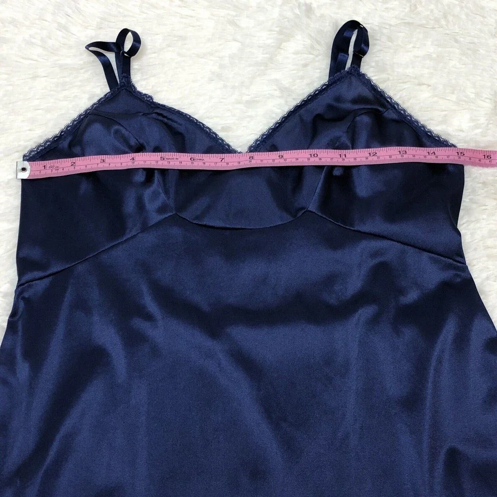Vintage Vanity Fair Size 34 L Navy Blue Lace Trimmed Silky Satin Full Slip Dress - Picture 5 of 9